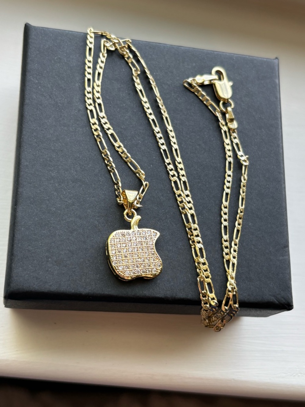 Gold Plated Apple Pendant Necklace Pave Crystal Charm Figaro Chain Dainty Trendy - Picture 9 of 9